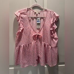 Kingston Pink Floral Tie-Front Ruffle Blouse
